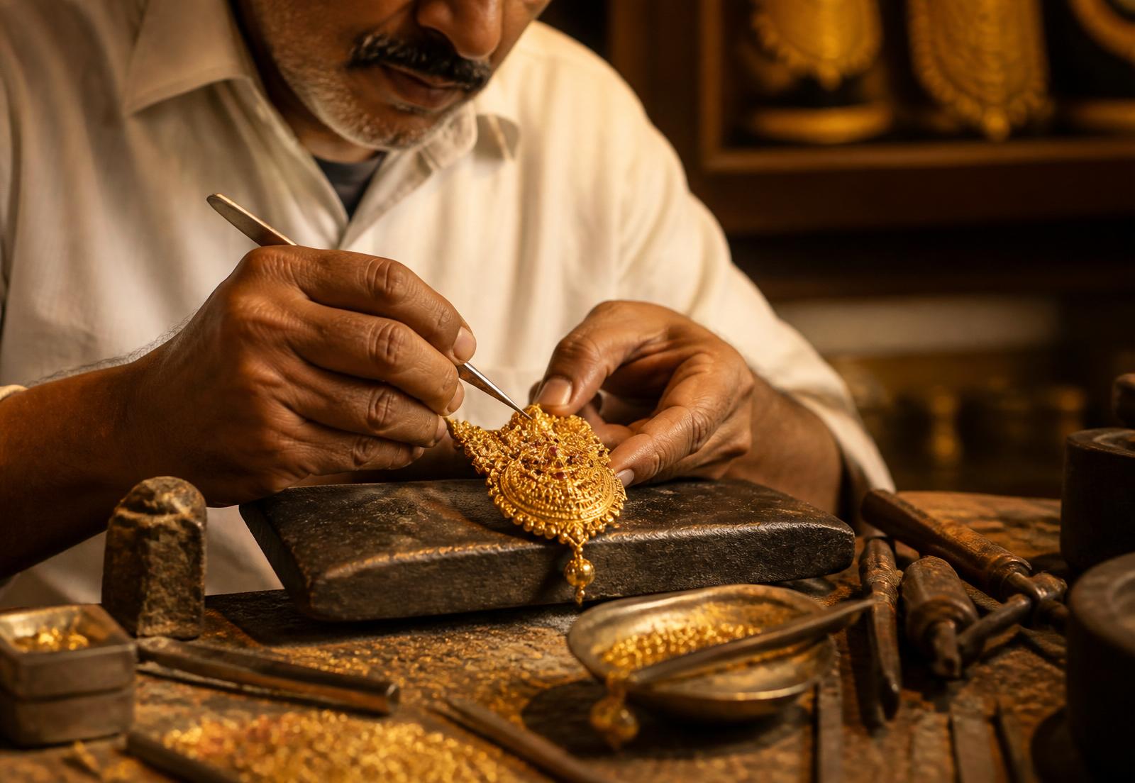 An artisan setting stones by hand